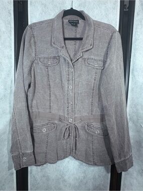 Athleta Vintage 100% Linen Snap Up Jacket Brown Cinch Waist XL
